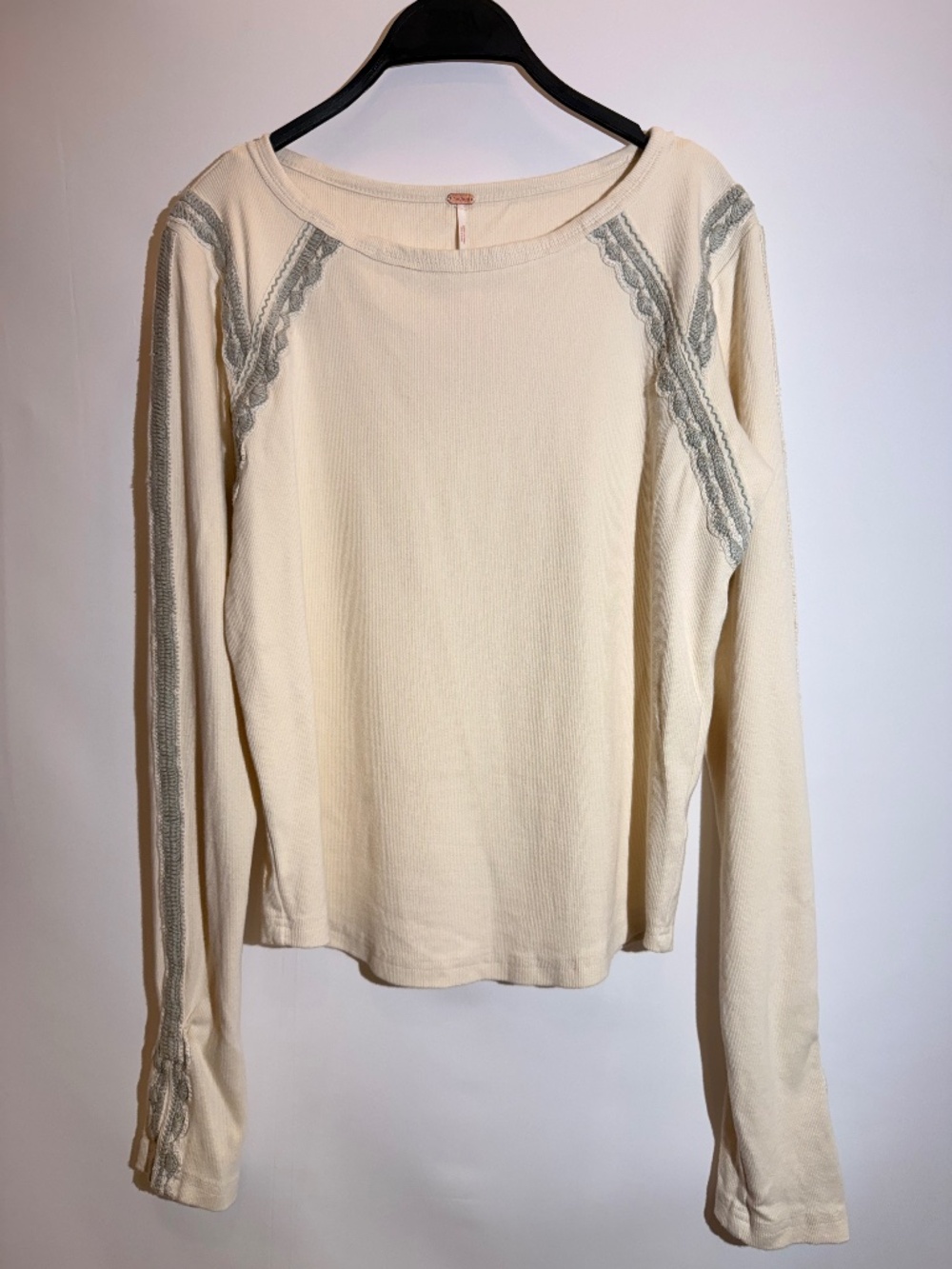 NWT Free People Lost Love Navy Teal Ribbed Crochet Lace Long Sleeve Top XL